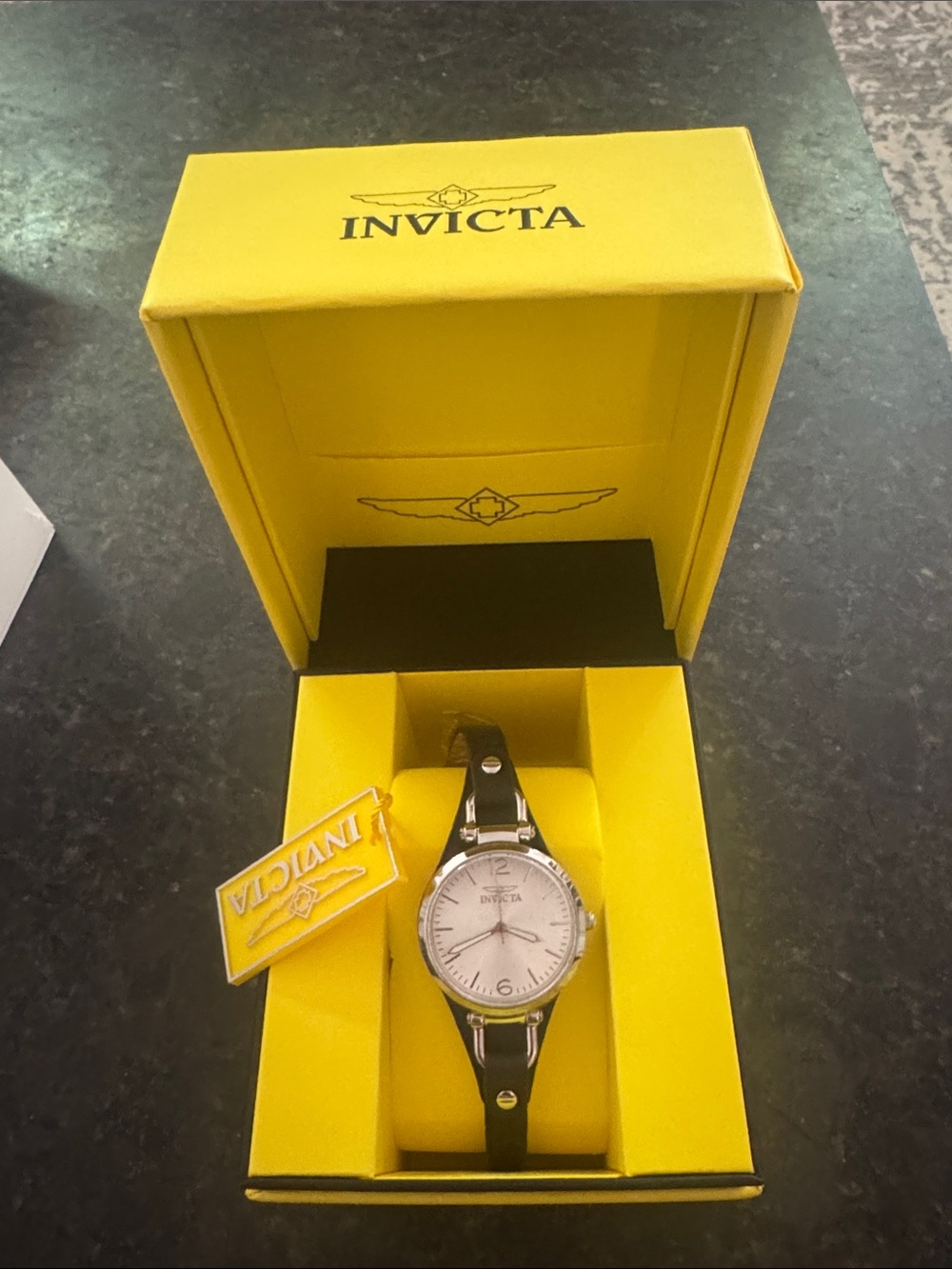 Invicta Silver Dial Watch with Black Strap and Yellow Box